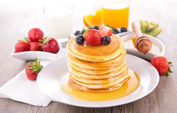 Berries, strawberry, juice, honey, pancakes, blueberries