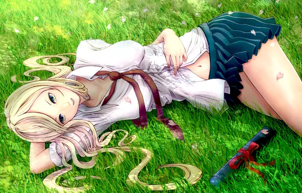 Grass, girl, petals, lies, form, bow, cylinder, tube