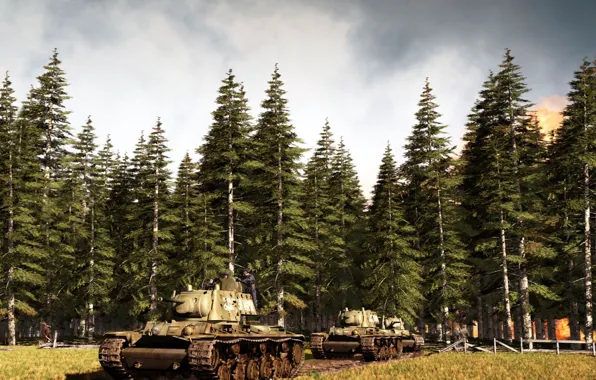 Road, forest, the sky, trees, tank, columns, KV-1, &quot;Klim Voroshilov&quot;