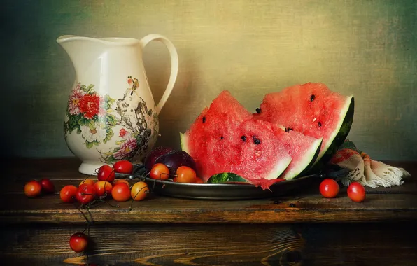 Table, Board, towel, watermelon, pitcher, fruit, still life, plum