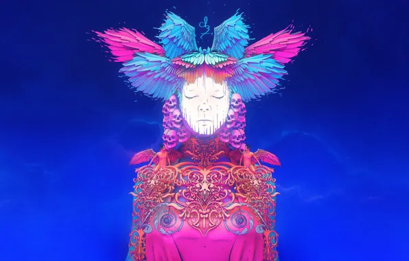 Color, Girl, Skull, Style, Girl, Wings, Fantasy, Style