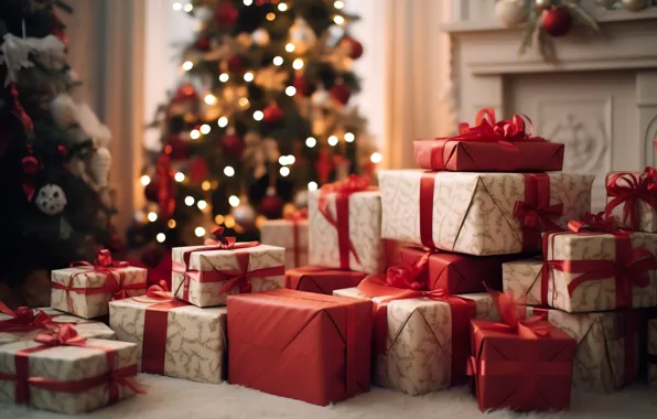 Lights, room, Christmas, gifts, red, New year, bows, herringbone