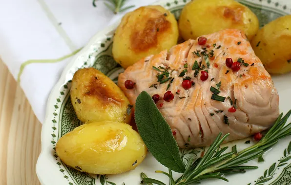 Picture fish, salmon, rosemary, potatoes, sage