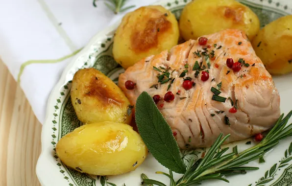 Fish, salmon, rosemary, potatoes, sage