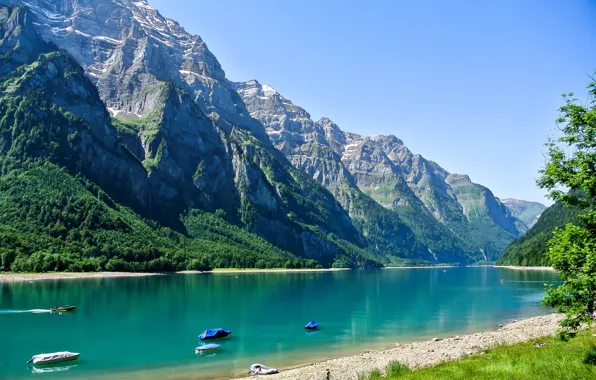 Mountains, lake, shore, boats, Switzerland, Glarus