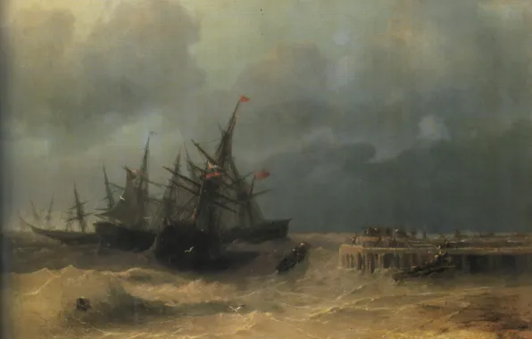 Storm, ships, picture, seascape, Ivan Aivazovsky, 1872, Fleeing from the Storm