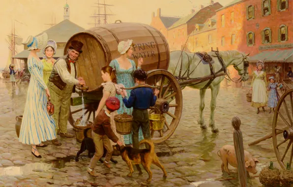Water, children, the city, people, street, dog, picture, barrel