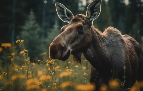 Forest, face, flowers, portrait, moose, digital art, moose, AI art