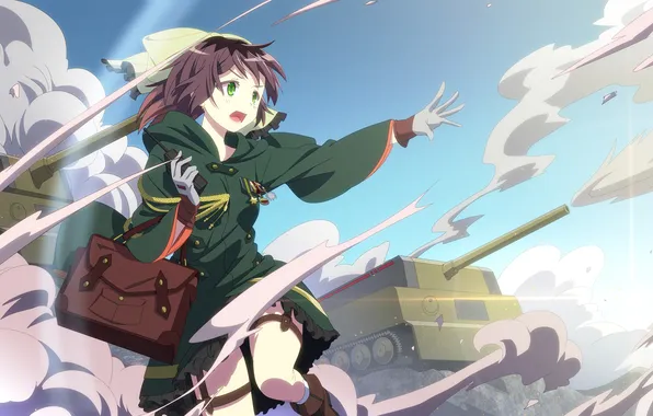 The sky, girl, dust, anime, art, bag, tanks, chibiibiru