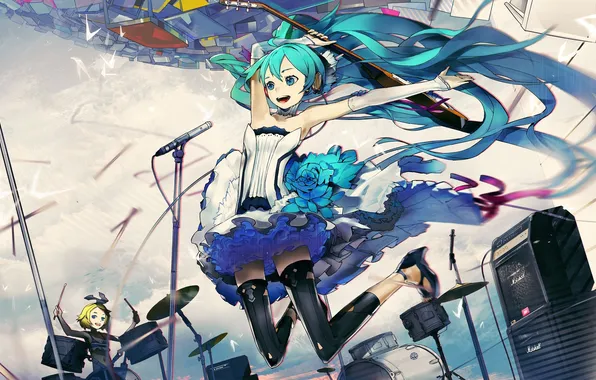 Picture girls, guitar, anime, art, microphone, vocaloid, hatsune miku, kagamine rin