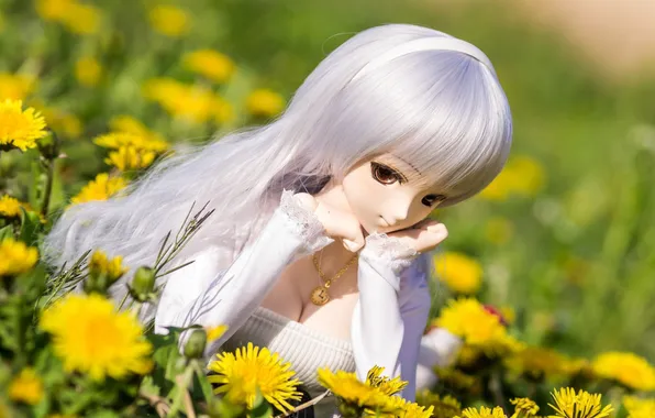 Picture toy, doll, lies, dandelions, lilac, long hair