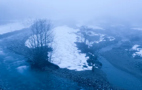 Picture snow, fog, river, stream, spring