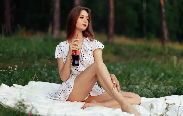 Grass, girl, pose, feet, bottle, meadow, Coca-Cola, nature