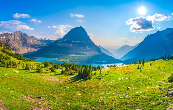 Picture landscape, The sun, Nature, panorama, USA, Glacier National Park