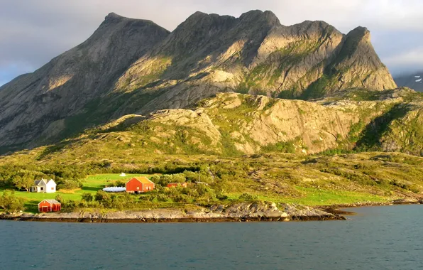 Picture mountains, river, shore, Norway, houses, Nordland Rødøy