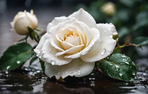 Flower, leaves, water, drops, macro, rain, rose, roses
