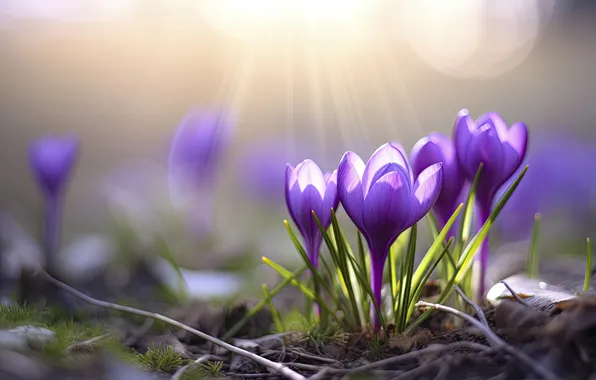 Light, flowers, glade, spring, crocuses, lilac, Krokus, bokeh