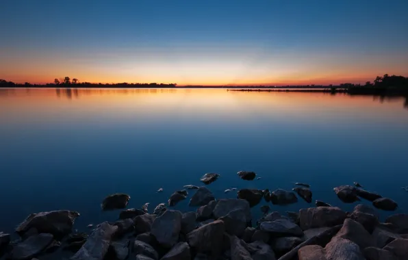Water, sunset, lake, Stones