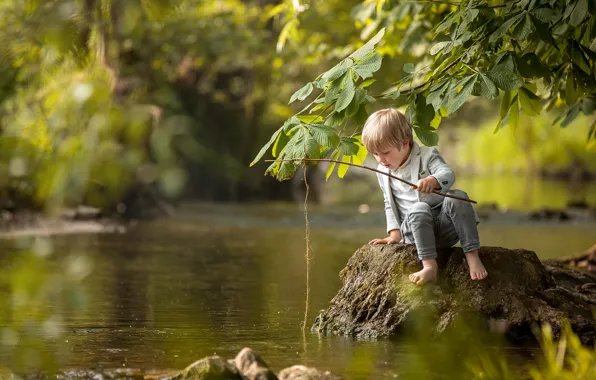 Wallpaper river, fishing, boy for mobile and desktop, section