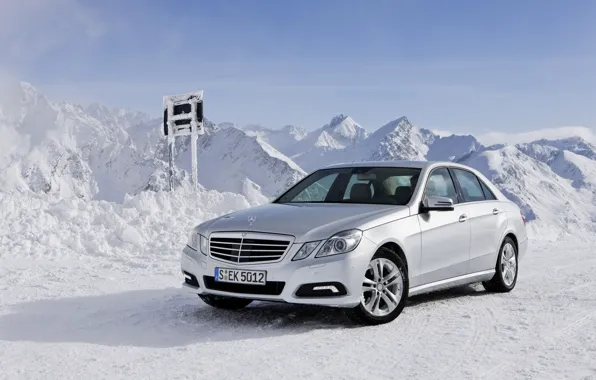 Picture winter, snow, mountains, machine, nature, Mercedes, auto, mercedes-benz e class 4matic