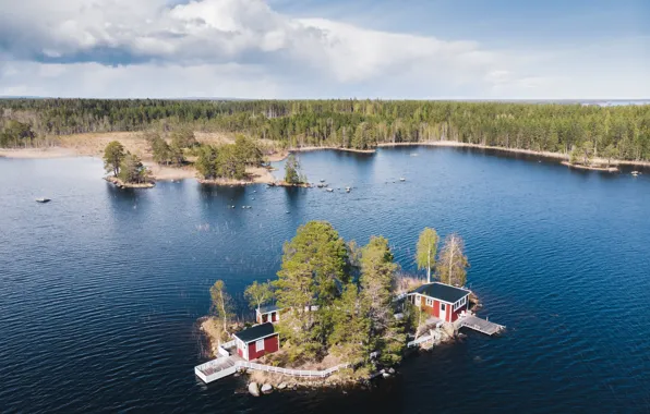 Forest, the sky, clouds, lake, house, Island, pier