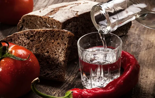 Red, table, Board, bottle, bread, pepper, stack, vodka