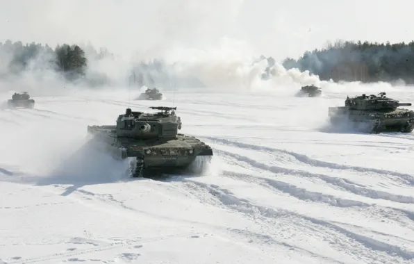 Picture the sky, snow, trees, smoke, the battle, tanks