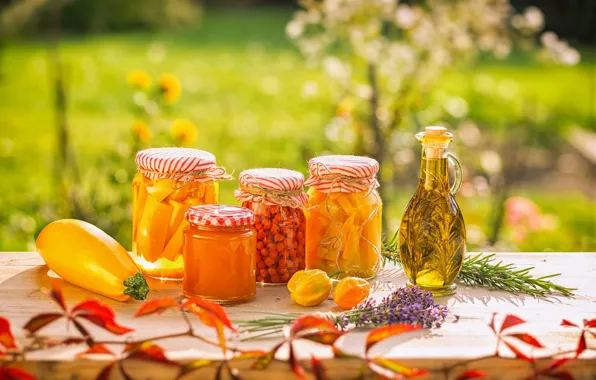Autumn, leaves, flowers, nature, table, banks, Rowan, lavender