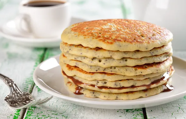 Mac, coffee, Breakfast, plate, plug, syrup, pancakes