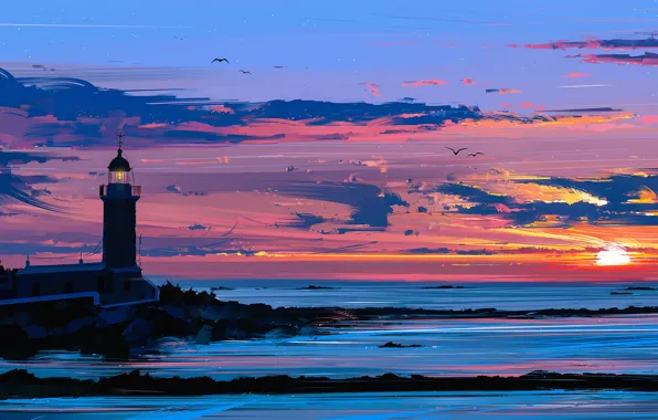 Picture the sky, landscape, sunset, seagulls, art, painting