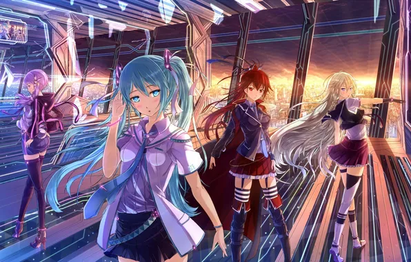 Sunset, abstraction, the city, girls, art, vocaloid, hatsune miku, Vocaloid