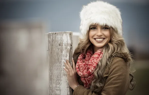 Girl, smile, hat, post, scarf, blonde, fur, coat