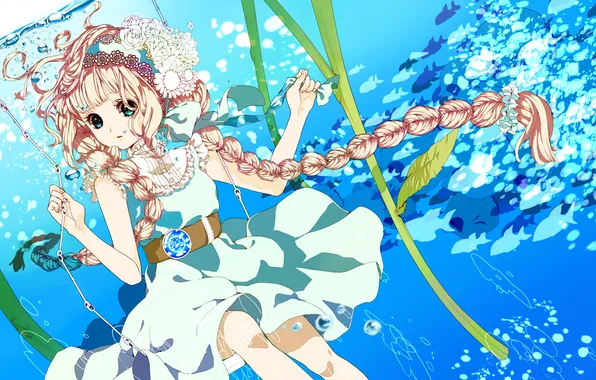 Picture water, flowers, bubbles, swing, Girl, braids