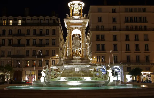 Night, lights, France, monument, fountain, Lyon