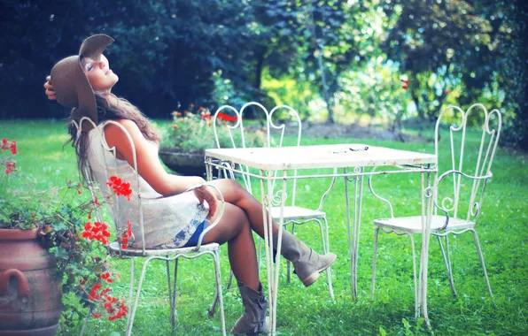 Summer, girl, table, relax, mood, garden, enjoyment