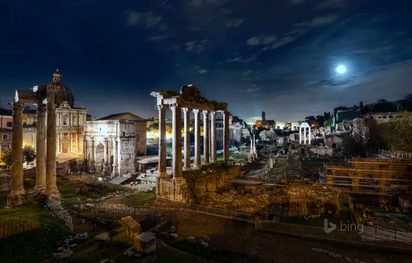 Night, lights, The moon, Rome, Italy, the ruins, ruins, forum