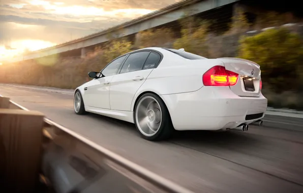 BMW, white, sedan, E90