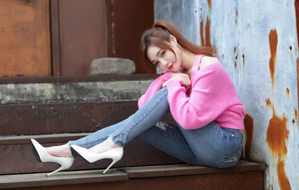 Look, girl, jeans, shoes, Asian, cutie, sweater