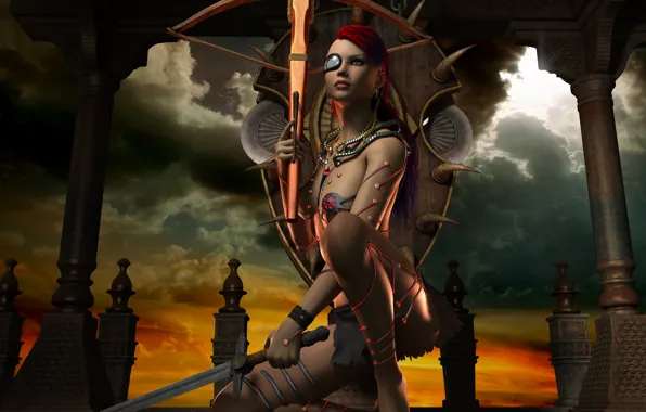 Girl, weapons, sword, columns, crossbow
