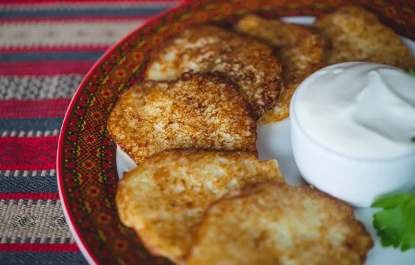 Sour cream, pancakes, pancakes, potato