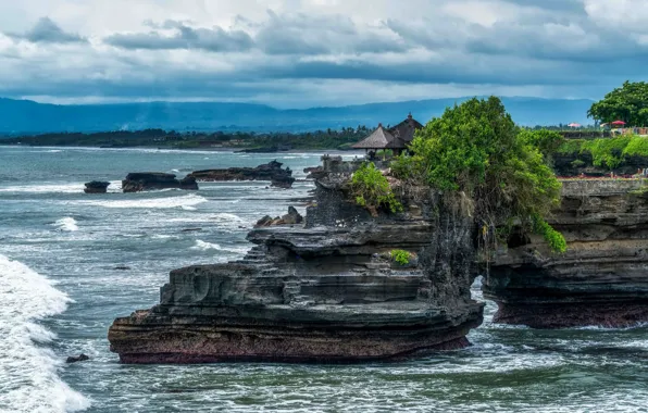 Sea, clouds, trees, tropics, stones, rocks, coast, Indonesia