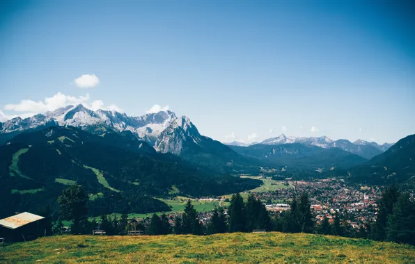 City, House, Sky, Wood, Landscape, Mountain, Trees, Garmisch-Partenkirchen