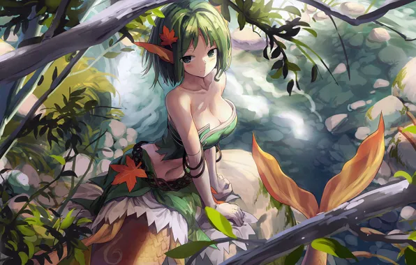 Picture girl, fantasy, cleavage, green eyes, trees, anime, leaves, digital art