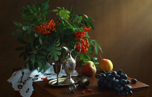 Leaves, berries, wine, glass, bouquet, grapes, pitcher, fruit