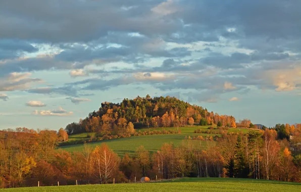 Field, autumn, the sky, clouds, trees, mountain, slope