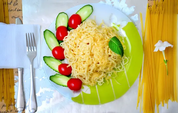 Photo, cheese, plate, plug, tomatoes, cucumbers, pasta