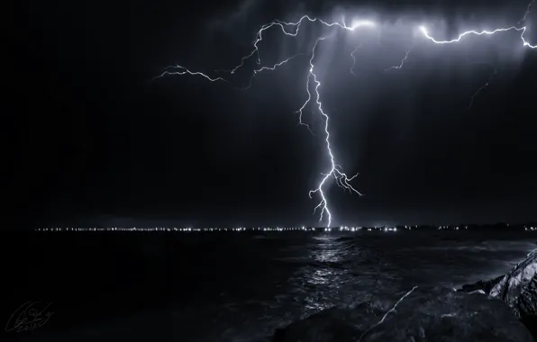 Picture sea, the sky, night, nature, lightning