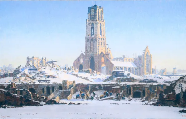 Picture landscape, oil, picture, canvas, 1940, The Church of Laurens in Rotterdam. Winter, Reinier Sybrand Bakels