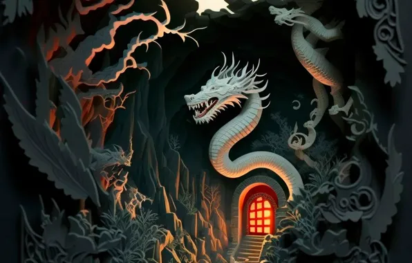 Frost, white, leaves, light, branches, dragon, the door, Christmas