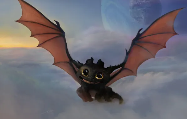 Clouds, planet, art, dragon, Toothless, How to train your dragon, the night fury, fantasy